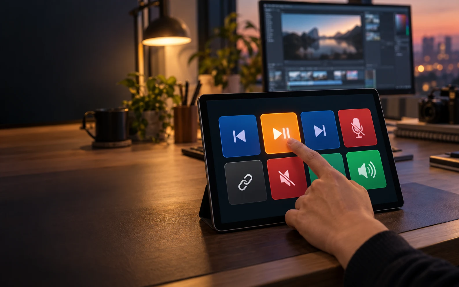 A tablet used as a Control Pad beside a desktop workstation