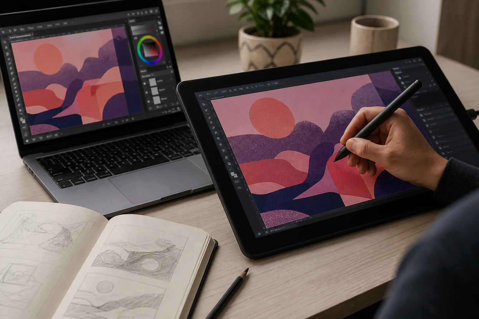A creator drawing on a tablet connected to a laptop