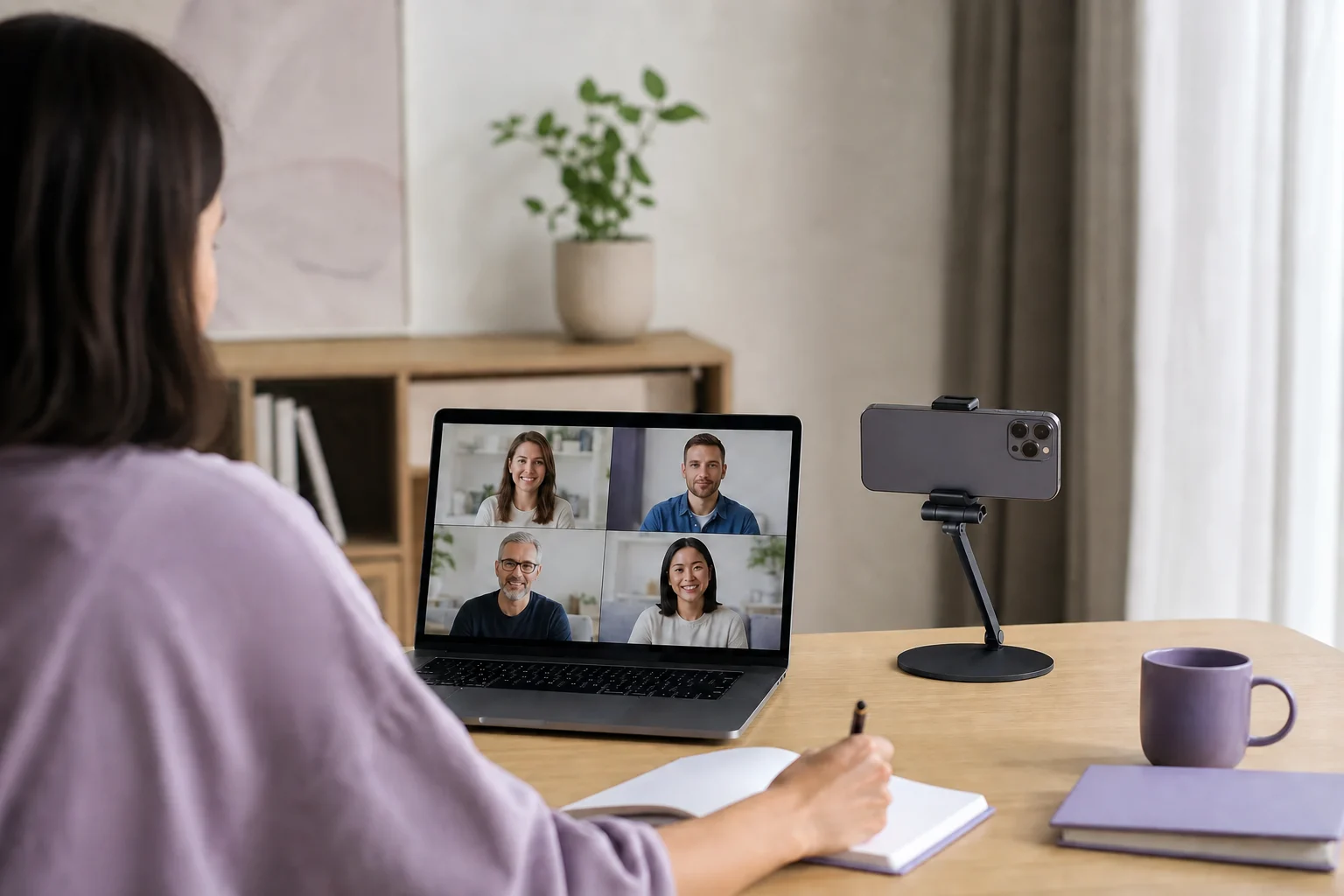 A smartphone camera used beside a laptop during a video meeting