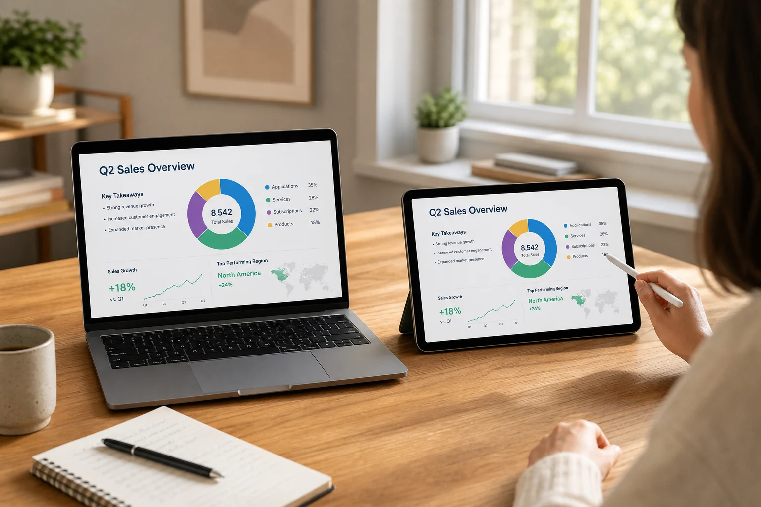 A laptop and tablet showing the same presentation through screen mirroring