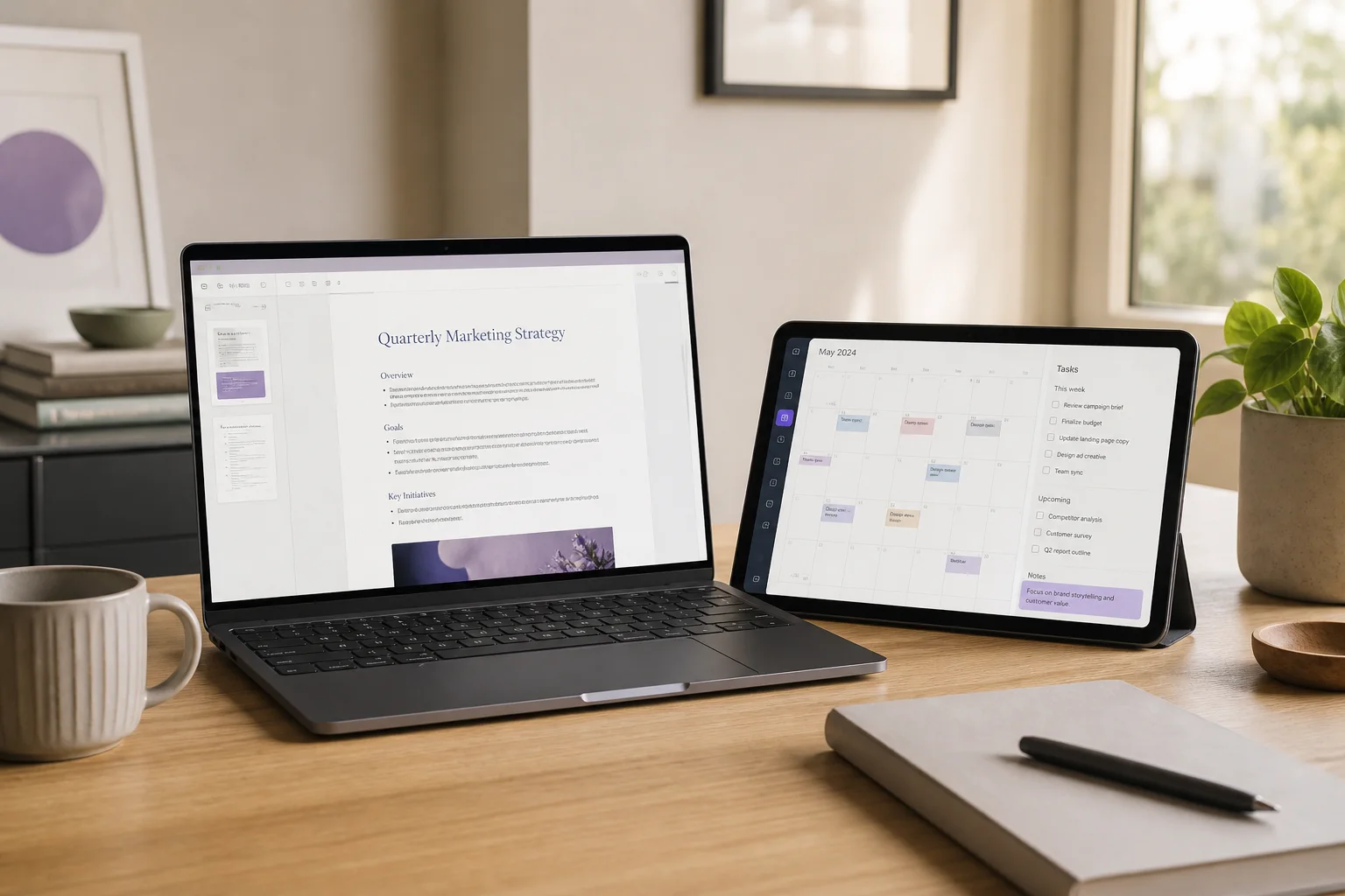 A laptop and tablet arranged as a two-screen workspace
